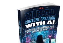 Create Viral Content With AI. With Resale Rights Book cover: 'Viral Content Creation with AI' featuring a person at multiple computer monitors in a neon-lit control room, subtitle about crafting high-performing posts.