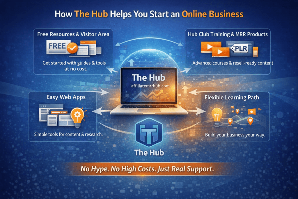 Infographic showing how The Hub helps users start an online business with free resources, Hub Club training, and web apps.