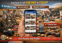 Pt 3 Sourcing More eBay Stock for Free or Cheap Hand holding a smartphone showing a grid of sale items at a charity shop market scene.
