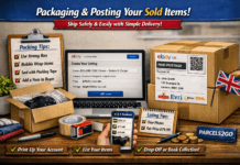 Pt 7. How to Pack and Post Your Sold Items Workspace with packing boxes, tape, and a laptop displaying an eBay listing; tips for packaging sold items are shown in the scene.
