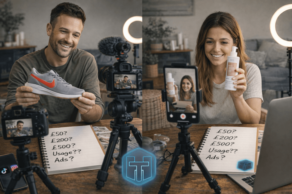 Two creators filming a UGC review: man holds a gray shoe with an orange swoosh while camera and ring light are set up behind him; notebook with price ideas visible on the table.