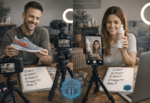 What is UGC & How Real People Are Getting Paid for It Two creators filming a UGC review: man holds a gray shoe with an orange swoosh while camera and ring light are set up behind him; notebook with price ideas visible on the table.