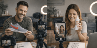 What is UGC & How Real People Are Getting Paid for It Two creators filming a UGC review: man holds a gray shoe with an orange swoosh while camera and ring light are set up behind him; notebook with price ideas visible on the table.