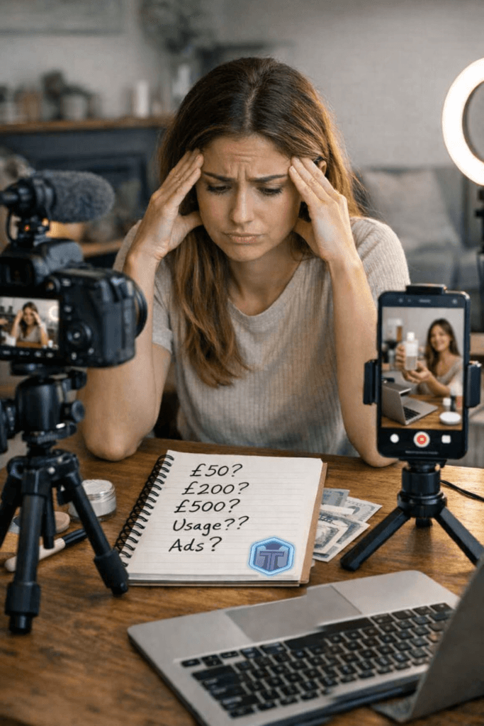Woman sits at a desk during a video shoot, hands on temples, looking stressed with cameras and ring light around her. UGC pricing
