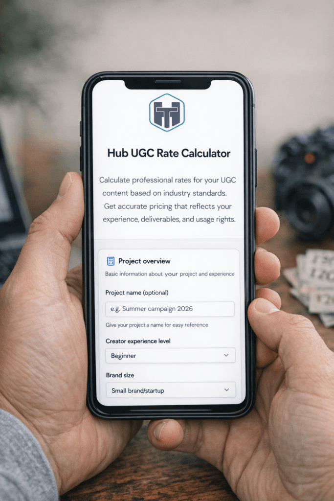 Hands holding a smartphone displaying the Hub UGC Pricing Rate Calculator app with a project overview form.