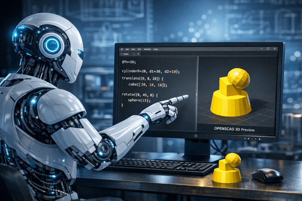 Robot points at a monitor showing code on the left and a yellow 3D pawn model on the right, labeled OPENSCAD 3D Preview.