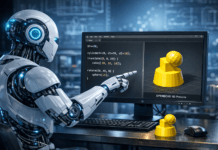 How to Use The HUB Idea Maker to Create 3D‑Printable Designs Robot points at a monitor showing code on the left and a yellow 3D pawn model on the right, labeled OPENSCAD 3D Preview. Hub Idea Maker