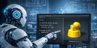 How to Use The HUB Idea Maker to Create 3D‑Printable Designs Robot points at a monitor showing code on the left and a yellow 3D pawn model on the right, labeled OPENSCAD 3D Preview. Hub Idea Maker