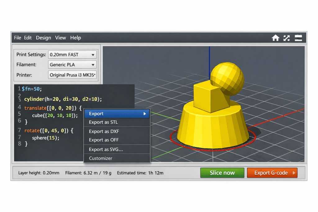 Screenshot of a 3D printing slicer UI with a code panel on the left and a yellow 3D model on the right; an Export submenu is open. Idea Maker