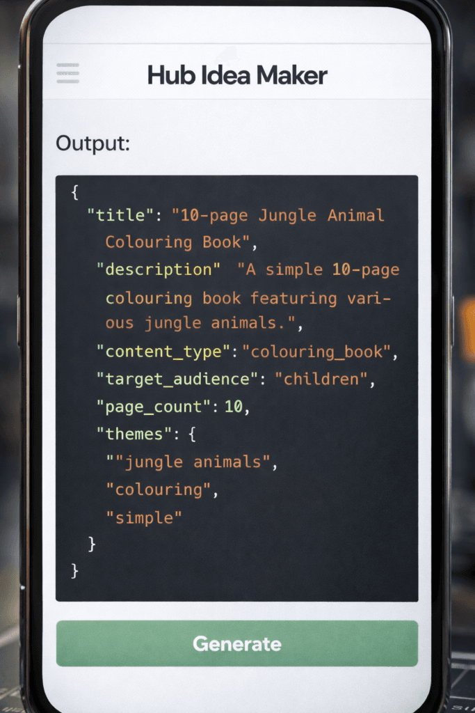 Mobile app UI Idea Maker showing a JSON output block for a '10-page Jungle Animal Colouring Book' and a large green Generate button at the bottom.
