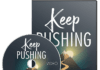 Keep Pushing MRR Video Upsell DVD cover for 'Keep Pushing' video: mountains, sun, and a winding path, with the title 'Keep Pushing' and subtitle 'How to overcome obstacles and transform them into success'