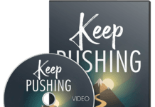 Keep Pushing MRR Video Upsell DVD cover for 'Keep Pushing' video: mountains, sun, and a winding path, with the title 'Keep Pushing' and subtitle 'How to overcome obstacles and transform them into success'