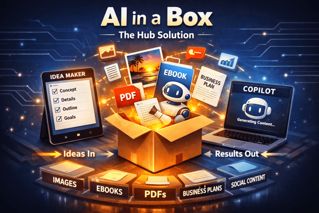 Illustration showing The Hub’s Idea Maker and Copilot working together as an all‑in‑one AI solution that generates images, ebooks, PDFs, and business plans.