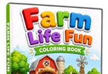 Farm Life Fun PLR Children’s Colouring Book Cover of 'Farm Life Fun' coloring book showing a boy on a red tractor with a pig, cow, and chicken on a sunny farm
