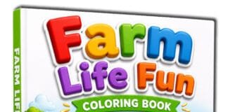 Farm Life Fun PLR Children’s Colouring Book Cover of 'Farm Life Fun' coloring book showing a boy on a red tractor with a pig, cow, and chicken on a sunny farm