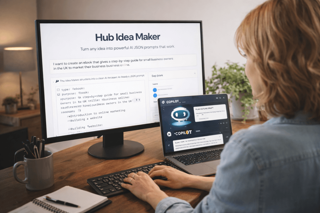Woman at her desk using The Hub Idea Maker app on her computer screen with Copilot open in a small window, illustrating how both tools work together as a complete AI solution.
