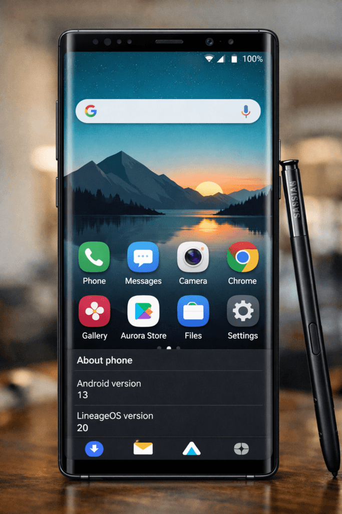 Samsung Galaxy smartphone in a close-up with S Pen attached on the right; home screen shows apps (Phone, Messages, Camera, Chrome, Gallery, Aurora Store, Files, Settings) and a sunset mountain wallpaper; lower panel shows 'About phone' with Android version 13 and LineageOS version 20.
