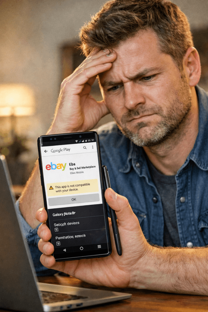 Man looks puzzled while holding a smartphone displaying a Google Play compatibility warning for the eBay app (This app is not compatible with your device).