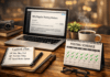 Why Regular Posting is Vital & Matters More Than Ever Laptop on a wooden desk showing a blog post, with a 'Content Plan' notebook and a posting schedule calendar full of green checkmarks, plus a coffee mug, plant, camera, and glasses nearby. Regular Posting