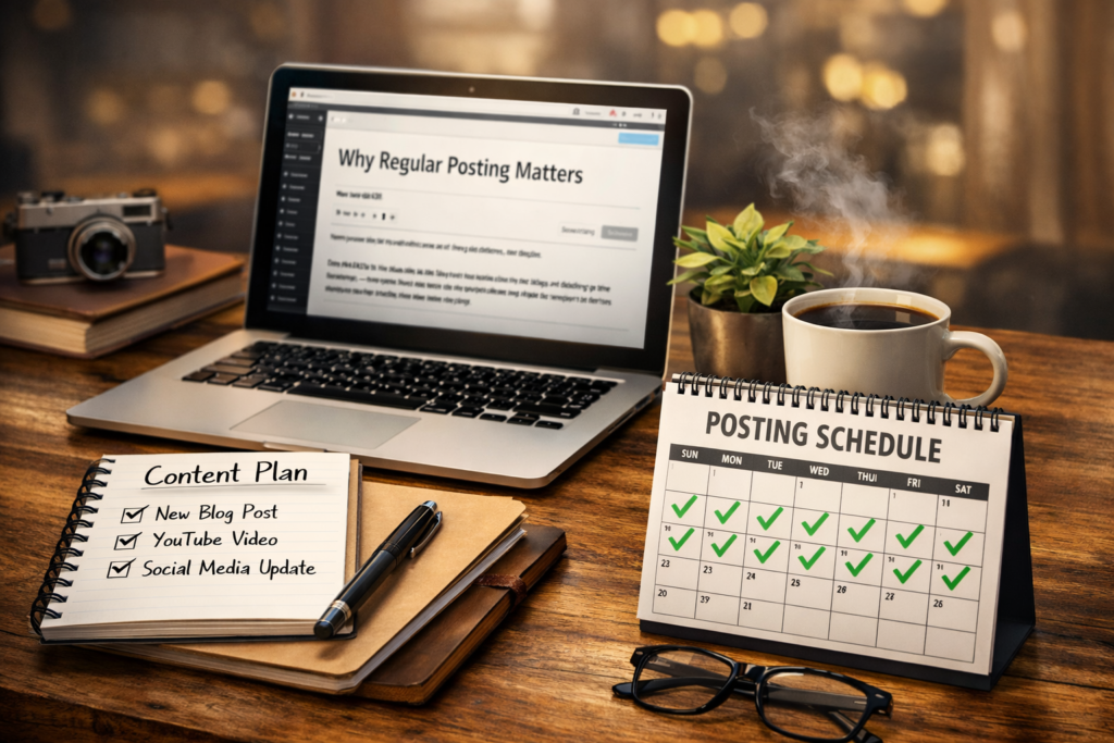 Regular Posting. Laptop on a wooden desk showing a blog post, with a 'Content Plan' notebook and a posting schedule calendar full of green checkmarks, plus a coffee mug, plant, camera, and glasses nearby. 