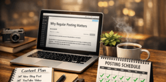 Why Regular Posting is Vital & Matters More Than Ever Laptop on a wooden desk showing a blog post, with a 'Content Plan' notebook and a posting schedule calendar full of green checkmarks, plus a coffee mug, plant, camera, and glasses nearby. Regular Posting